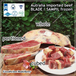 Beef BLADE Australia frozen daging sapi sampil CUBED-DADU RENDANG / CURRY BITE-SIZE 2cm 5/8" (price/pack 600g +/-50pcs) any brand in stock; GBP, WMPG, RALPHS or AMH